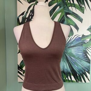 Ribbed V-Neck Brown Athletic Wear Tank Top- Unbranded